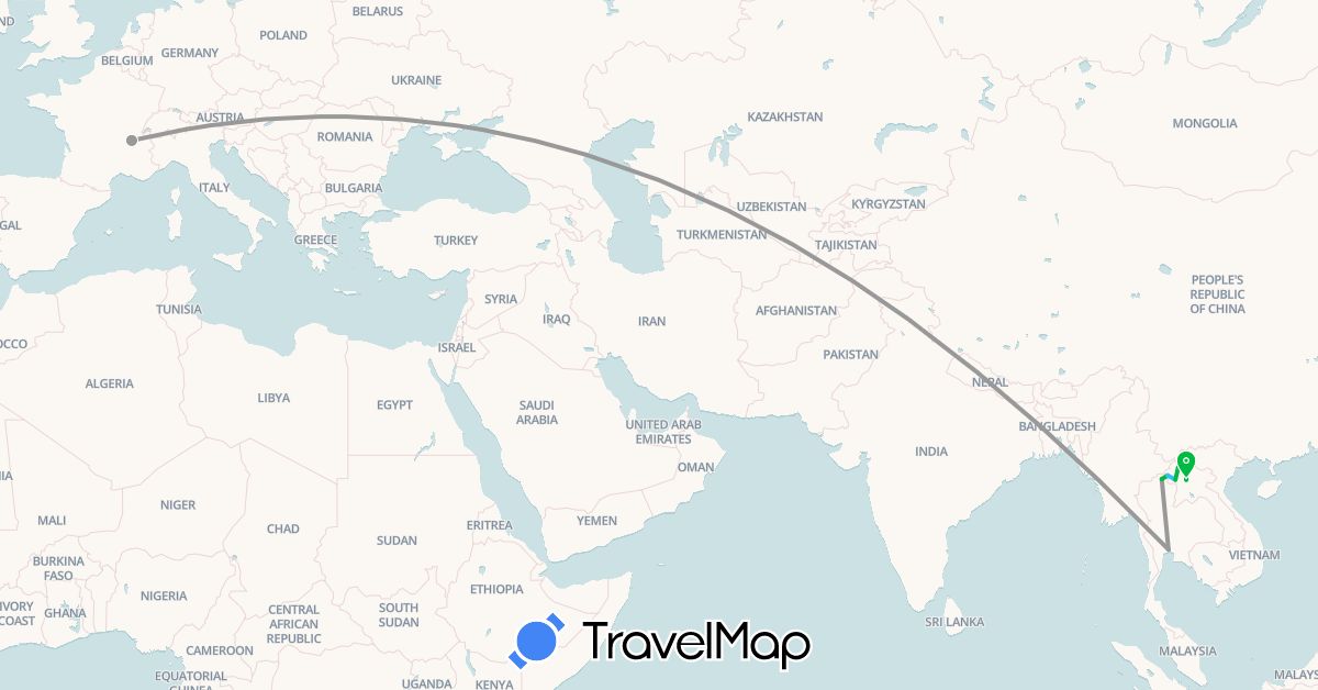 TravelMap itinerary: driving, bus, plane, boat in France, Laos, Thailand (Asia, Europe)